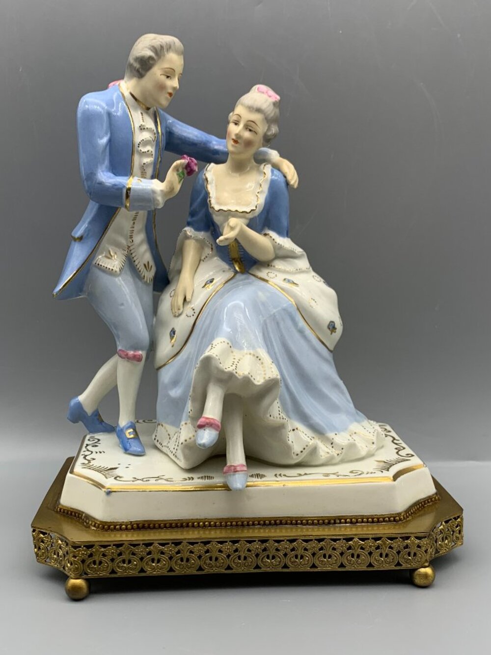Antique Royal Dux Bohemia Figurine Ceramic Porcelain on Gold-Tone Metal Base